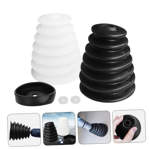 2 Pack Electric Drill Dust Collector With Spacious Debris Catching Bowl For Drywall And Masonry Ceiling Work Zero Hassle Snap Mount, black and white bowls.