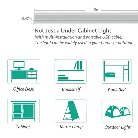 Diagram showing uses for Under Cabinet LED Lighting 12 Inch Light Strip Bar Daylight White 5000K Dimmable USB Plug In Light in various locations.