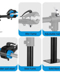 Wall Mounted Bike Repair Stand With Swivel Clamp, Easy Install, Bench Style Work Stand components and features display.
