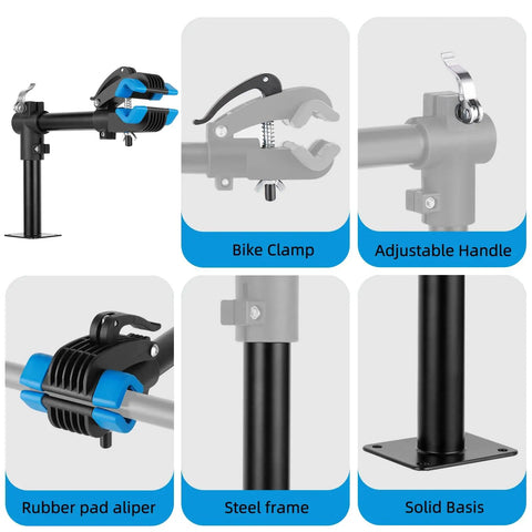 Wall Mounted Bike Repair Stand With Swivel Clamp, Easy Install, Bench Style Work Stand components and features display.