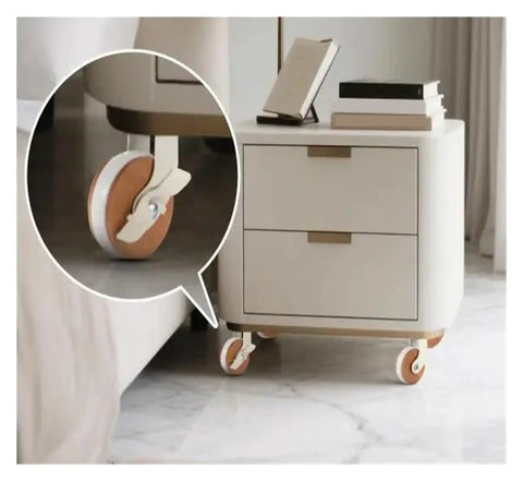 Nightstand with Four Pack 2.5 Inch Wood Grain Swivel Casters With Brake for quiet furniture mobility on hardwood floor