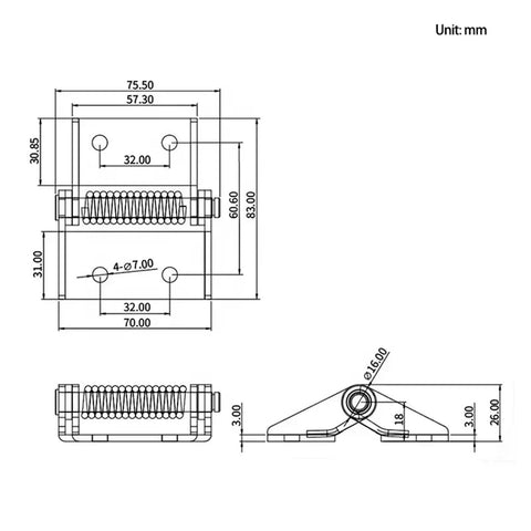 Technical diagram of heavy duty self-closing spring hinges with dimensions and specifications for industrial applications.