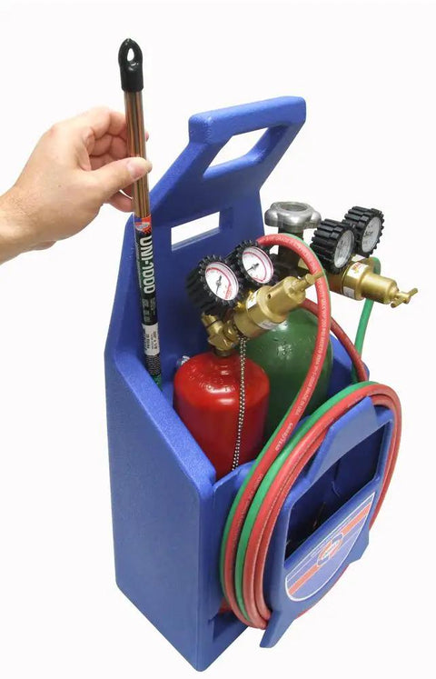 KC100P Centurion Weld And Brazing Outfit With 511 Plastic Carrying Stand For Pro Grade Portable Oxyacetylene Welding And Brazing Two Tips For Brazing Up To One Inch Copper Tubing And Welding Up To One Eighth Inch Steel, Single Stage Regulators in blue plastic stand with gauges, hoses, and torch