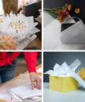 White Tissue Paper 14 By 20 Inches 130 Sheets Pack For Gift Bags And Party Decor Christmas Weddings Birthday Arts And Crafts DIY Wrapping Paper For Gifts displayed in various uses.
