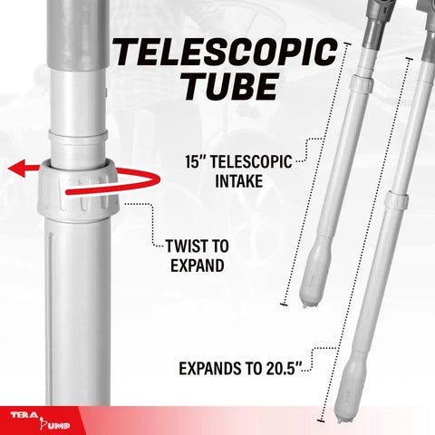 Heavy Duty Fuel Transfer Pump With Slick Quick Flow Control Nozzle And 10 FT Vinyl Discharge Hose Telescopic tube expandable from 15 to 20.5 inches.