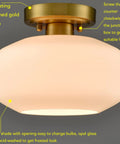 Modern White Semi Flush Mount Ceiling Light With Gold Finish For Hallways, Opal Milk Glass Shade, Farmhouse Style Ceiling Fixture