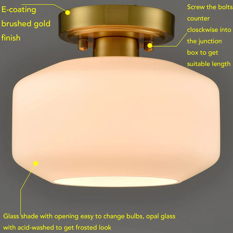 Modern White Semi Flush Mount Ceiling Light With Gold Finish For Hallways, Opal Milk Glass Shade, Farmhouse Style Ceiling Fixture
