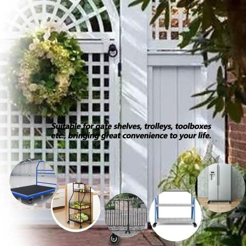 Built Tough 2 Point 5 Inch Spring Loaded Door Caster Wheel With Self Retracting Arm And Four Bolt Mounting Plate For Heavy Load Garden Doors in use on garden gate.