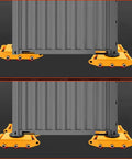 Heavy Duty Industrial Roller Skates For Moving Tonage Loads With 360 Degree Swivel Base And Non Slip Tray supporting large container in yellow.