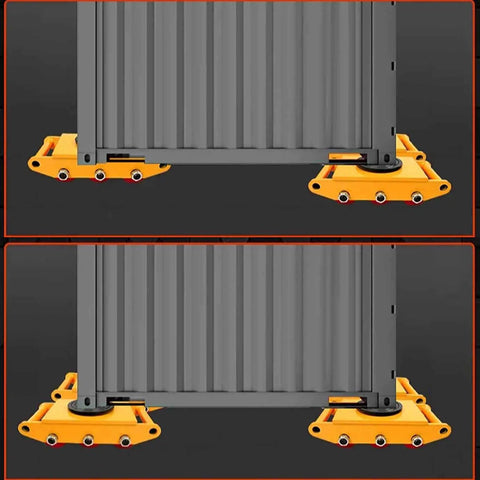 Heavy Duty Industrial Roller Skates For Moving Tonage Loads With 360 Degree Swivel Base And Non Slip Tray supporting large container in yellow.