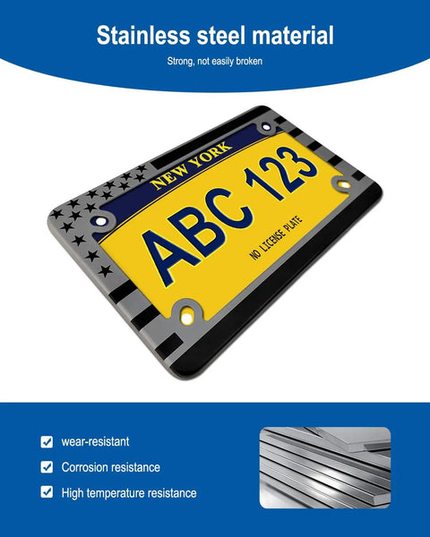 American Flag Motorcycle License Plate Frame Stainless Steel Bike Tag Holder With Mounting Screws Nuts Caps Heavy Duty Patriotic Bracket USA Proud 1 Pack displayed against a blue background, highlighting its wear-resistant and corrosion-resistant properties.
