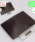 Comparison of 36 Piece Magnetic Sheets And Die Storage Bags Set weight showing 85.8g vs 34.9g on a digital scale