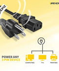 3 Prong AC Power Cord For PC, Monitor, Printer Replacement Cable - IEC 320 C13 To NEMA 5-15P, 18AWG, 125V 10A, 6 Foot Length