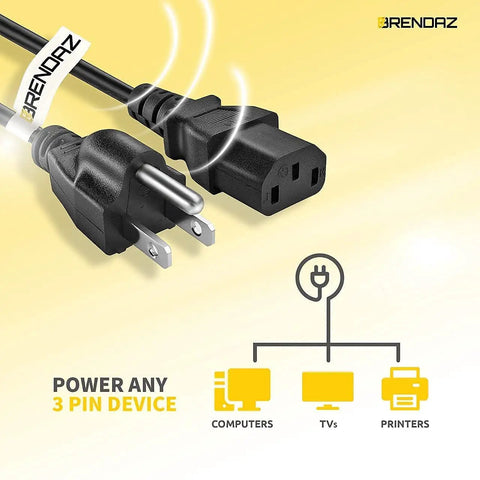 3 Prong AC Power Cord For PC, Monitor, Printer Replacement Cable - IEC 320 C13 To NEMA 5-15P, 18AWG, 125V 10A, 6 Foot Length