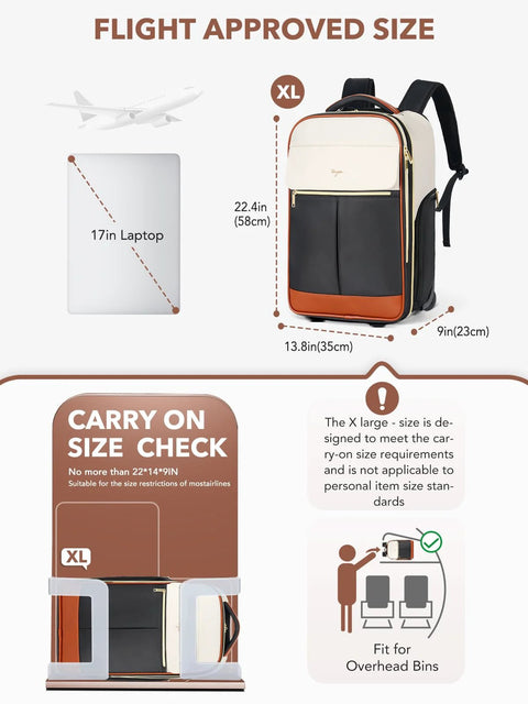 Front view of beige Tonyeee rolling backpack with wheels; 22-inch XL carry-on luggage for women.