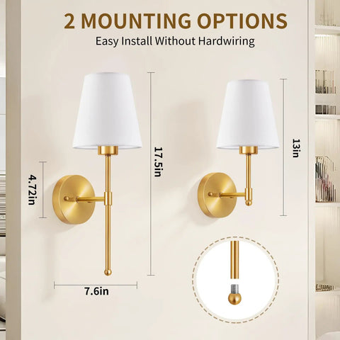 No Strings Attached Battery Wall Sconces Set Of Two Rechargeable Wireless Indoor Lights Cordless Modern Hallway Lamps showing sizes and mounting options.