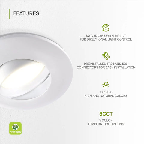 Close-up of 6 Inch Gimbal LED Recessed Light With White Trim, 15W 1310 Lumen Dimmable Downlight showcasing swivel lens feature