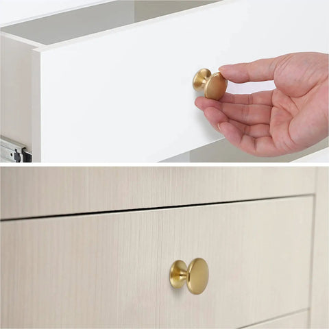 Hand installing Brass Cabinet Knobs Set 30 Pack 1 Inch Gold Drawer Pulls For Dresser Kitchen Cabinets With Durable Zinc Construction