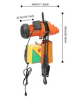 Tough As Nails 1300W Electric Chain Hoist Featuring Pure Copper Motor with dual chain and remote control, dimensions shown.