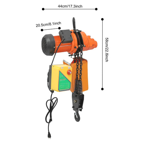 Tough As Nails 1300W Electric Chain Hoist Featuring Pure Copper Motor with dual chain and remote control, dimensions shown.