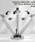 Portable Drill Guide With 90 Adjustable Drill Press Attachment showing 45° angled drilling positions in aluminum and cast iron