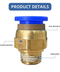 Front view of brass push-to-connect pneumatic fitting with blue push button and oval release ring