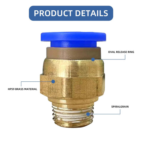 Front view of brass push-to-connect pneumatic fitting with blue push button and oval release ring