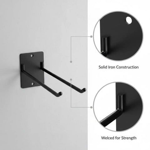 Heavy Duty Iron Wall Mount Tool Rack For Shovels And Rakes, showing iron construction and welding details, black finish