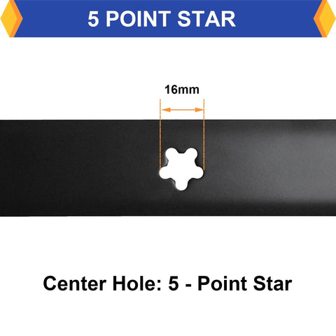 Close-up of 5 point star center hole of 2 Pack High Lift Mower Blades for 42 Inch Decks Fits Craftsman Husqvarna Poulan Replaces 127843