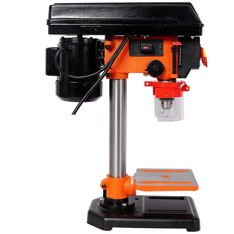 Aynuma 8 Inch Benchtop Drill Press With 400 Watt Induction Motor And Five Speed Settings, side view showing motor and worktable.