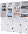 Large Cube Storage Organizer 16-Cube System in white finish, showcasing open compartments with folded clothes and closed sections.