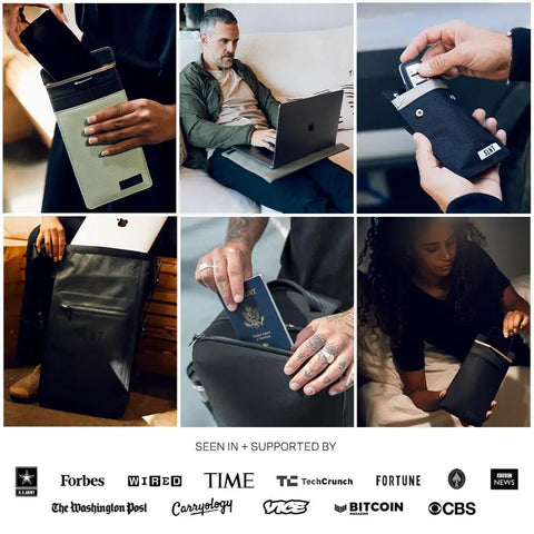 Collage of Faraday Signal Blocking Dry Bag 5 Liter in various uses, showcasing waterproof and signal-blocking features.
