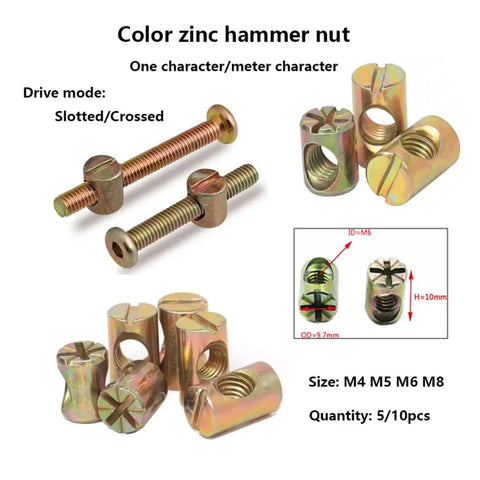 Furniture Barrel Nuts And Hammer Nuts Kit For DIY Woodworking, M4-M8 Screws, Zinc Alloy 8-18mm Embedded 2-In-1 Slotted Cross