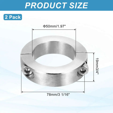 Beefy 50mm Bore Double Split Shaft Collar In 304 Stainless Steel Clamping Shaft Collars For Industrial Automation Drive Shafts Motor Bases Conveyor Belt Systems And Machine Tools, 2 pack, 19mm thick