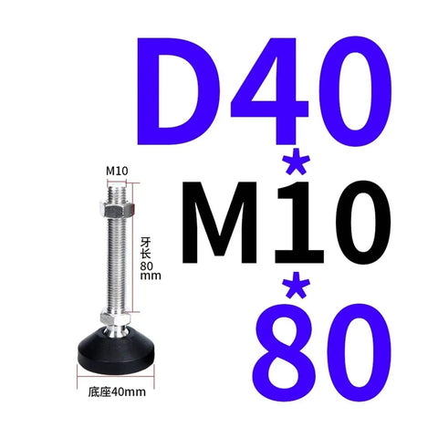 Four Piece Universal Adjustable Furniture Leveling Feet With Heavy Duty Swivel Base And Screw Thread Glides M8 M10 M12 Set, M10 size with steel stud and rubber base.