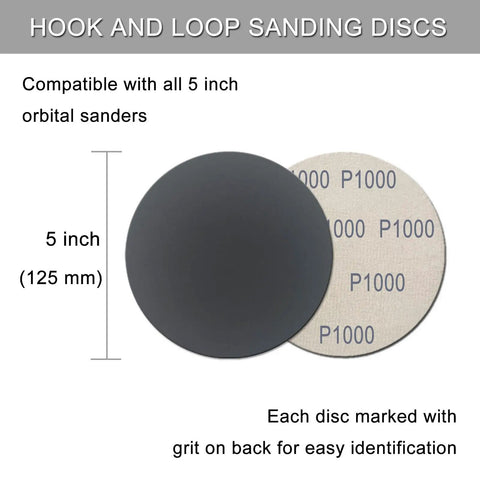 5 inch hook and loop sanding disc with P1000 grit labeling shown, part of the 50 Pcs 5 Inch Hook And Loop Sanding Discs Set With 320 400 600 800 1000 Grit Pro Grade Wet Dry Sandpaper Assortment Silicon Carbide For Random Orbital Sander And Auto Wood Metal Polishing focus set.