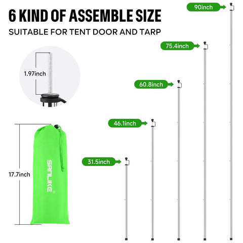 Adjustable Heavy Duty Tarp Poles Set Of 2, 90 Inch Telescoping Camping Poles with multiple assembly heights displayed.