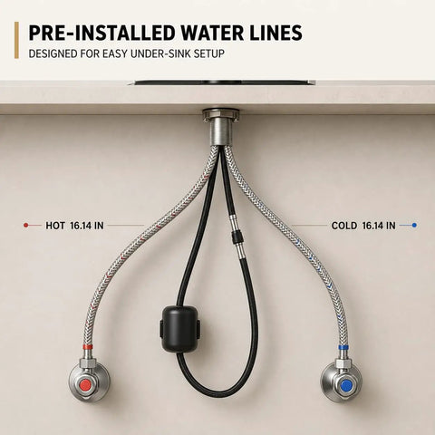 Gold Brushed Nickel Kitchen Faucet with Pull Down Sprayer, 3 Mode Sprayer pre-installed water lines under sink setup.