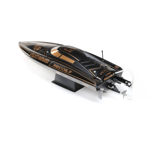 Heatwave Recoil 2 V2 26 Self Righting Brushless RTR RC Boat with black and orange hull on display stand.