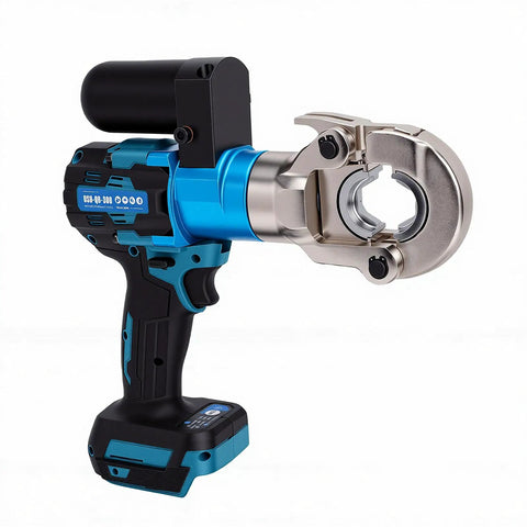 LiebeWH 18V Cordless Electric Hydraulic crimper With 12 Dies For Cable Lug And Hex press Tool, showcasing the round head and ergonomic handle.