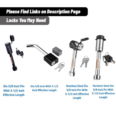 Various hitch locks in different styles and sizes with keys, showcasing stainless steel and black finishes.