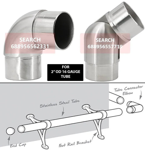 Front and side views of two 2-inch OD brushed stainless steel tube elbows for 16-gauge tube (316).