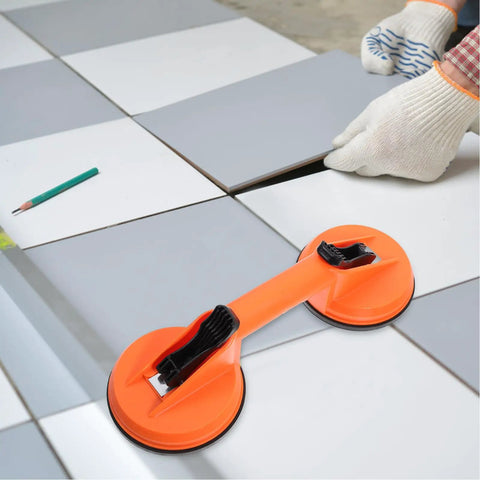 Heavy Duty Glass Suction Cup Tool With 2 Big Suckers For Tiling, Lifting Ceramic Or Rubber Up To 60kg Load Capacity in use.