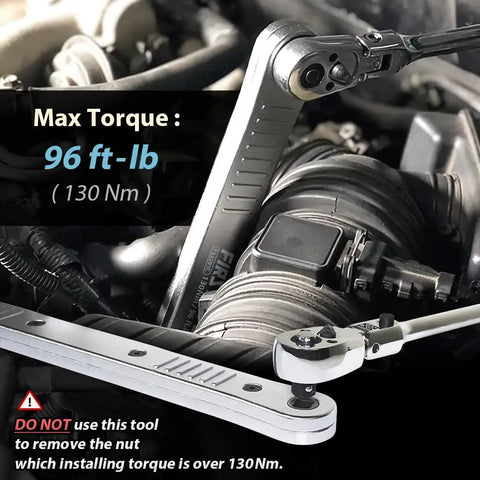 Offset Extension Wrench And Low Profile Socket Set For Hard To Reach Fasteners Pro Grade Lightweight Aluminum Extension Bar Eight To Seventeen Millimeter Sockets And One Half One Quarter And Three Eighths Inch Square Drive Adapters used in car engine
