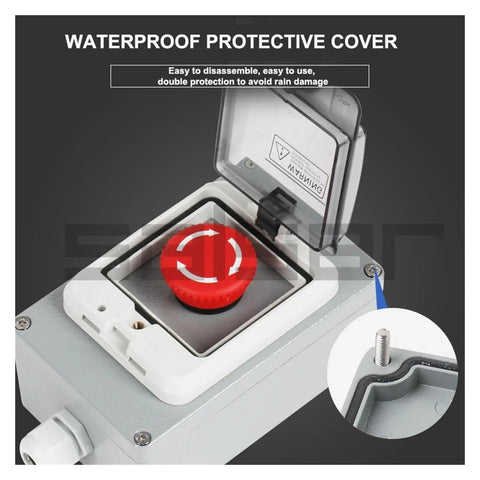 Front view of metal push-button control box with waterproof protective cover and red emergency start/reset button.