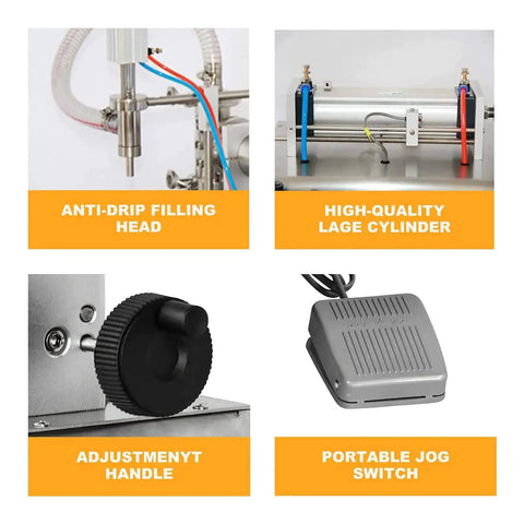 Pro Shop Heavy Duty Stainless Steel Automatic Liquid Filling Machine 10 To 2500 Ml Pneumatic Single Nozzle with adjustment handle and jog switch.