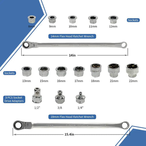 Flex Head Ratcheting Wrench Set 8 to 22 mm Metric, 72 Tooth, Extra Long Double Box End, 17 Piece Kit with sockets and adapters