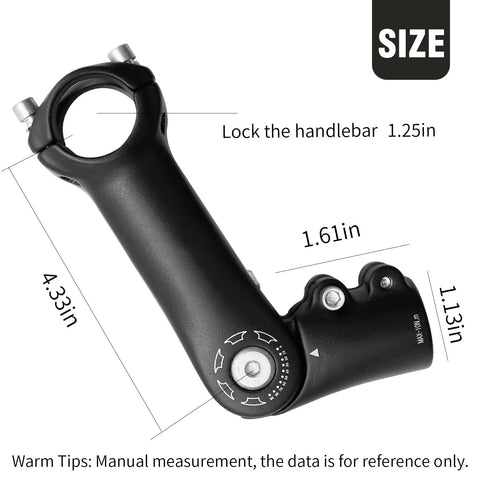 Sturdy 110mm Adjustable Handlebar Stem For One And One Eighth Inch Steerer 31.8mm Bar Clamp No Slop 0 To 90 Degree Riser 3D Forged Alloy Bicycle Stem For E Bikes And Mountain Riding featuring measurements