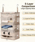 Heavy Duty Hanging Travel Shelf Bag Organizer For Luggage Suitcase With Ventilated Mesh Pockets And Water Repellent Nylon Fabric in beige.