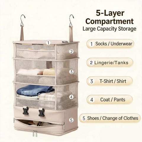 Heavy Duty Hanging Travel Shelf Bag Organizer For Luggage Suitcase With Ventilated Mesh Pockets And Water Repellent Nylon Fabric in beige.